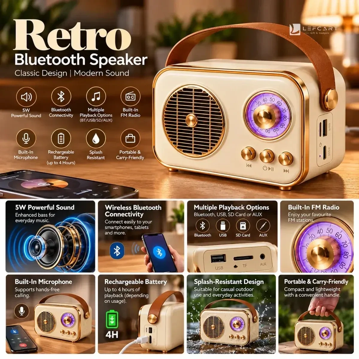 5W Portable Bluetooth Speaker with FM Radio, USB & SD Card 3