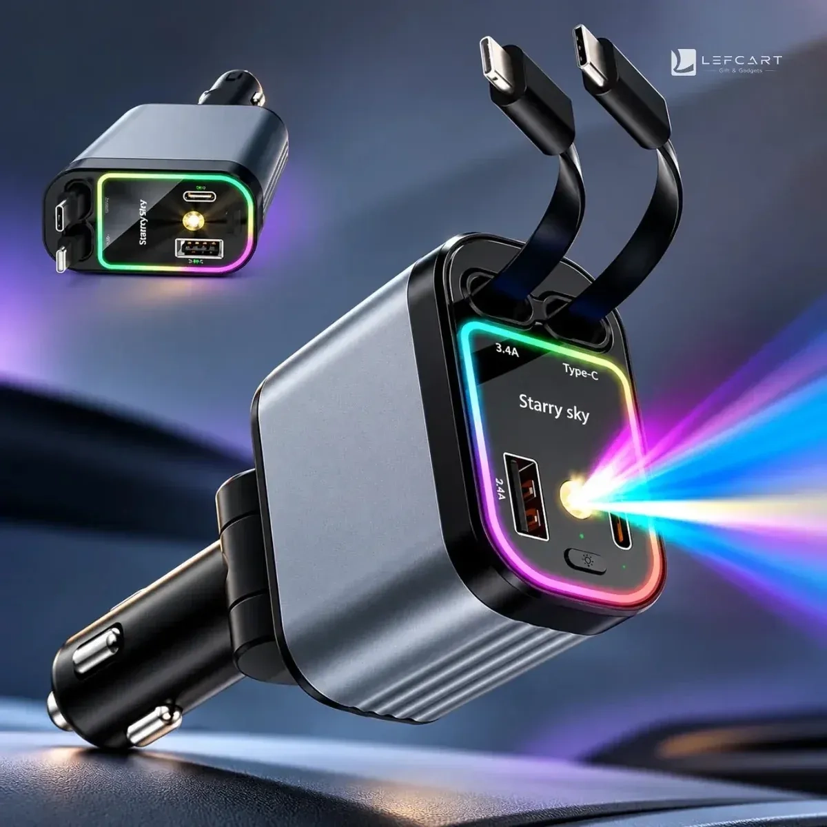 120W 4-in-1 Fast Car Charger with Starry Light 2