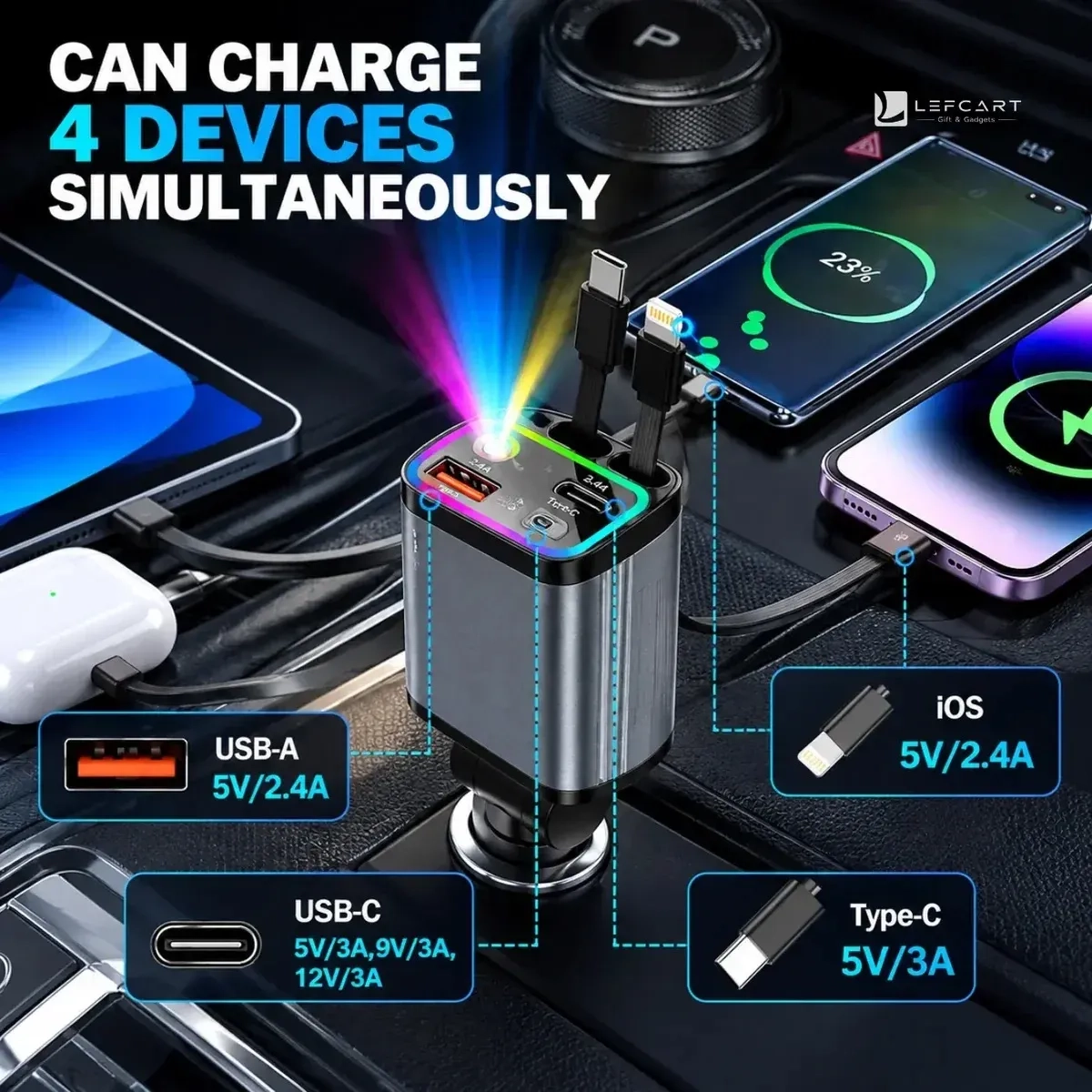 120W 4-in-1 Fast Car Charger with Starry Light 7