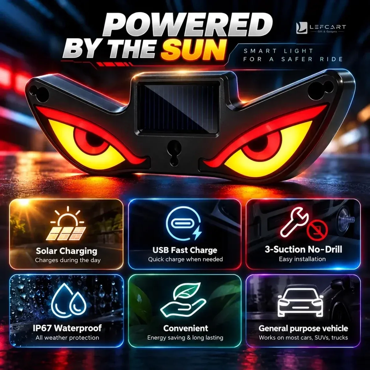 Solar LED Devil Eye Light for Car Rear & Side Window 4