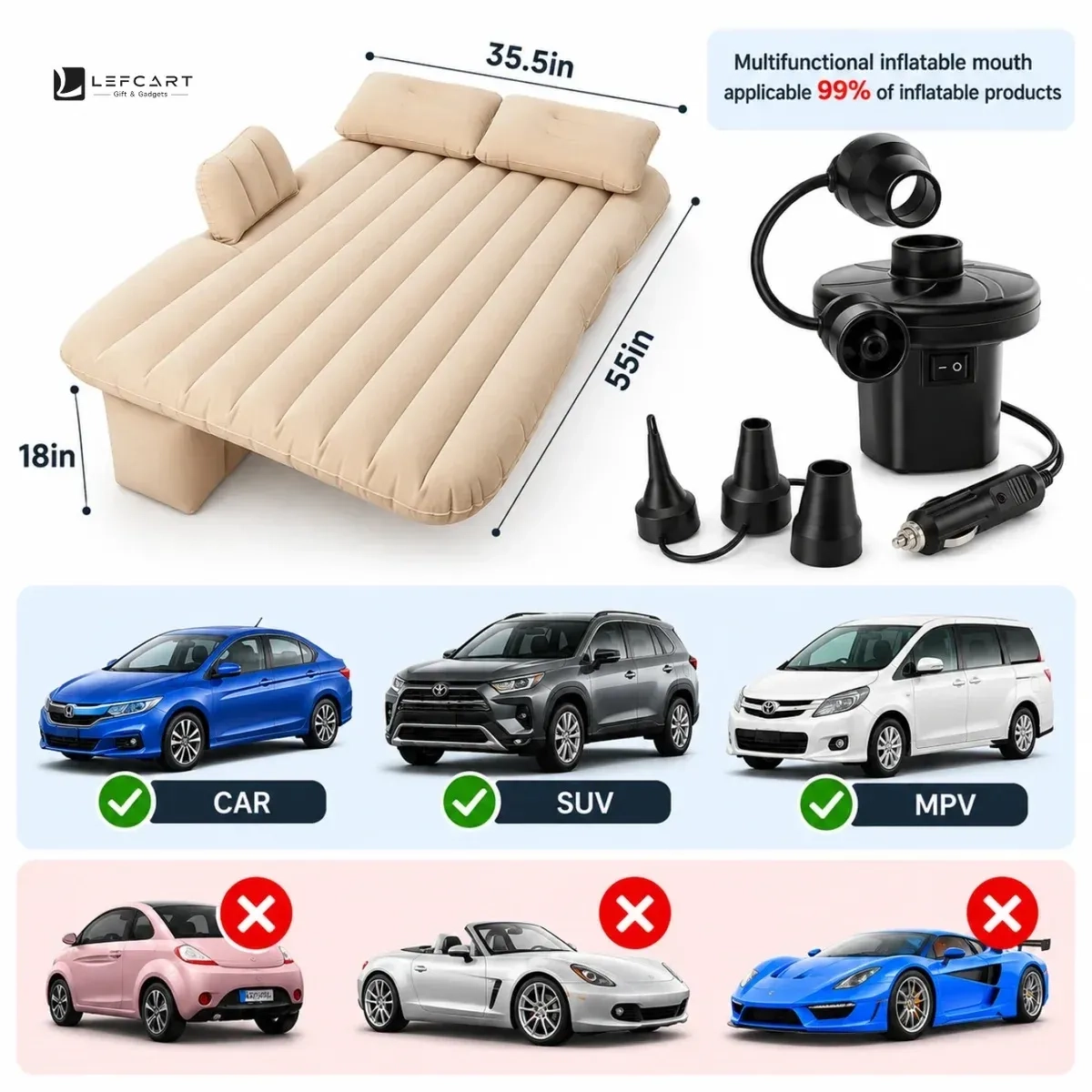 Inflatable Car Bed with 2 Pillows for Travel & Camping 5