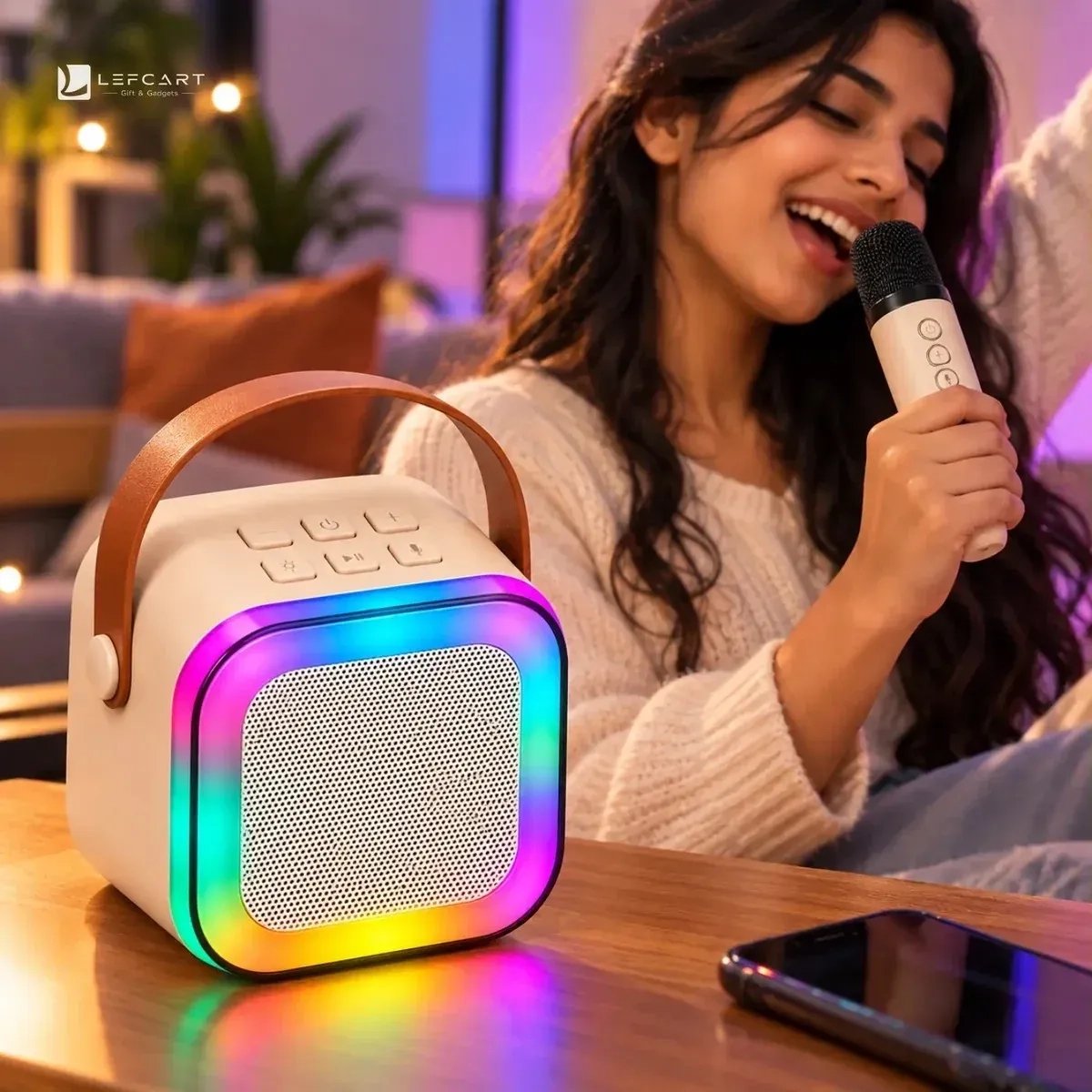 K12 Portable Bluetooth Karaoke Speaker with Wireless Mic & RGB Lights 2