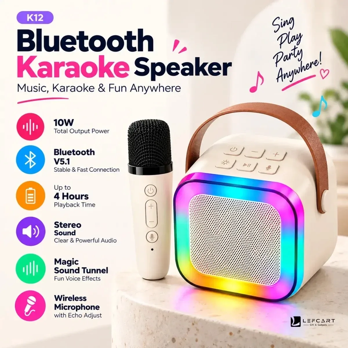 K12 Portable Bluetooth Karaoke Speaker with Wireless Mic & RGB Lights 3
