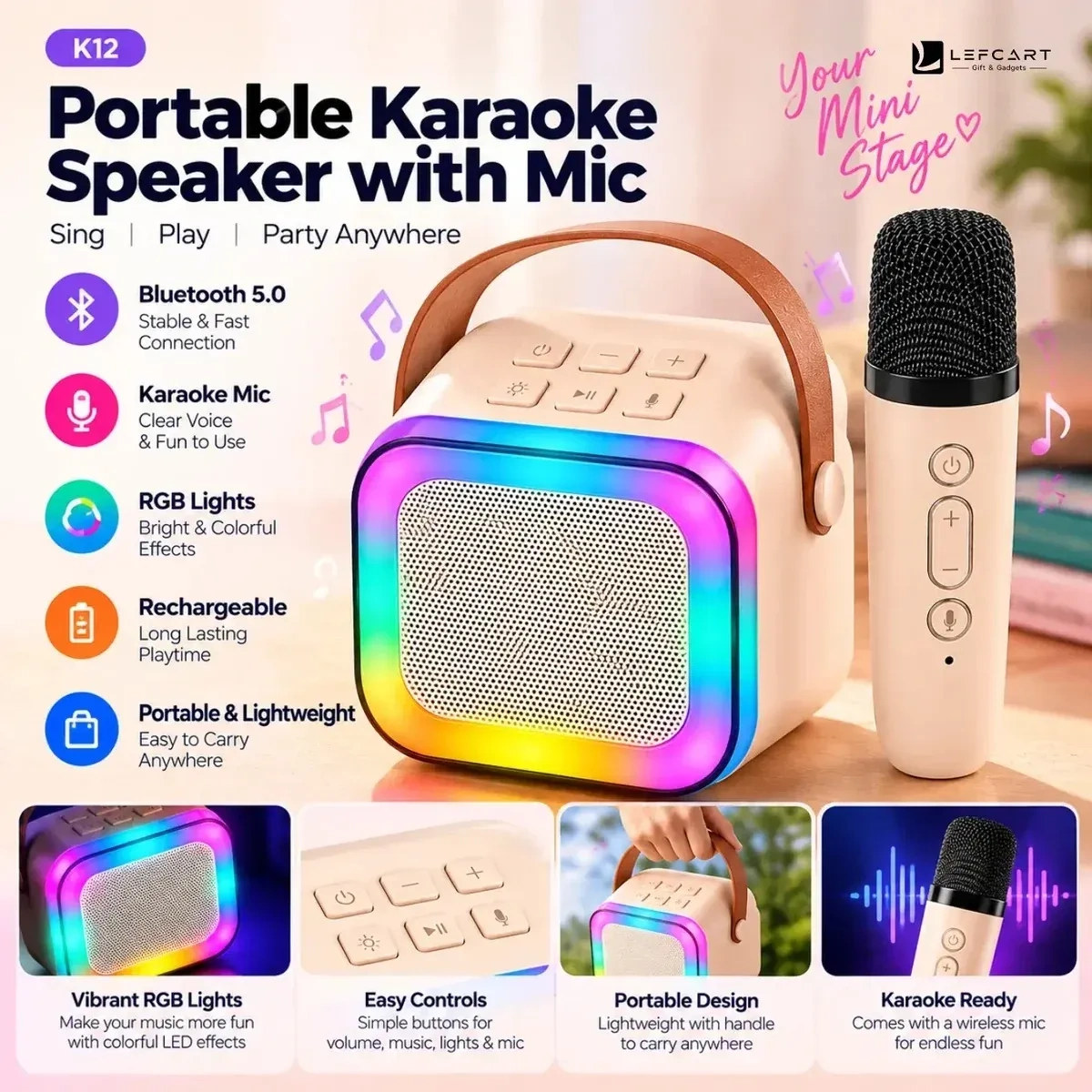 K12 Portable Bluetooth Karaoke Speaker with Wireless Mic & RGB Lights 4