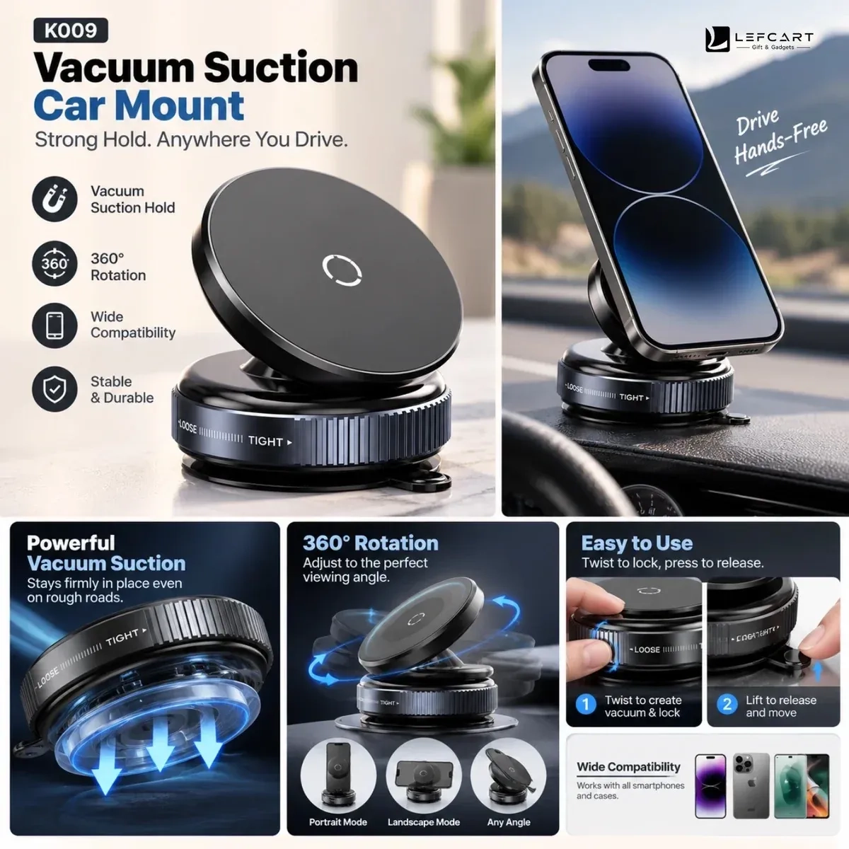 K009 Magnetic Phone Holder with Vacuum Suction Car Mount 2