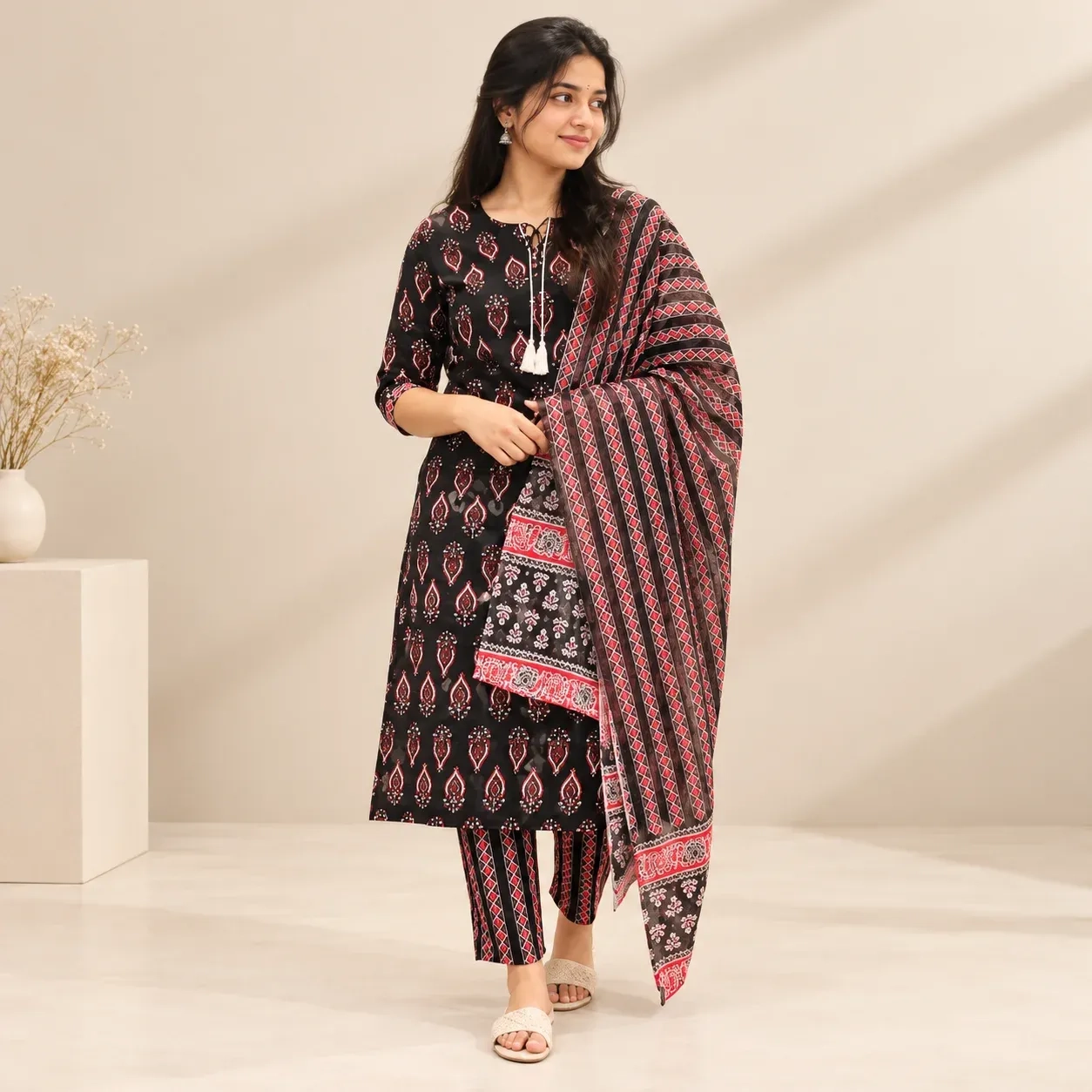 Black Kurti Pant Set With Dupatta