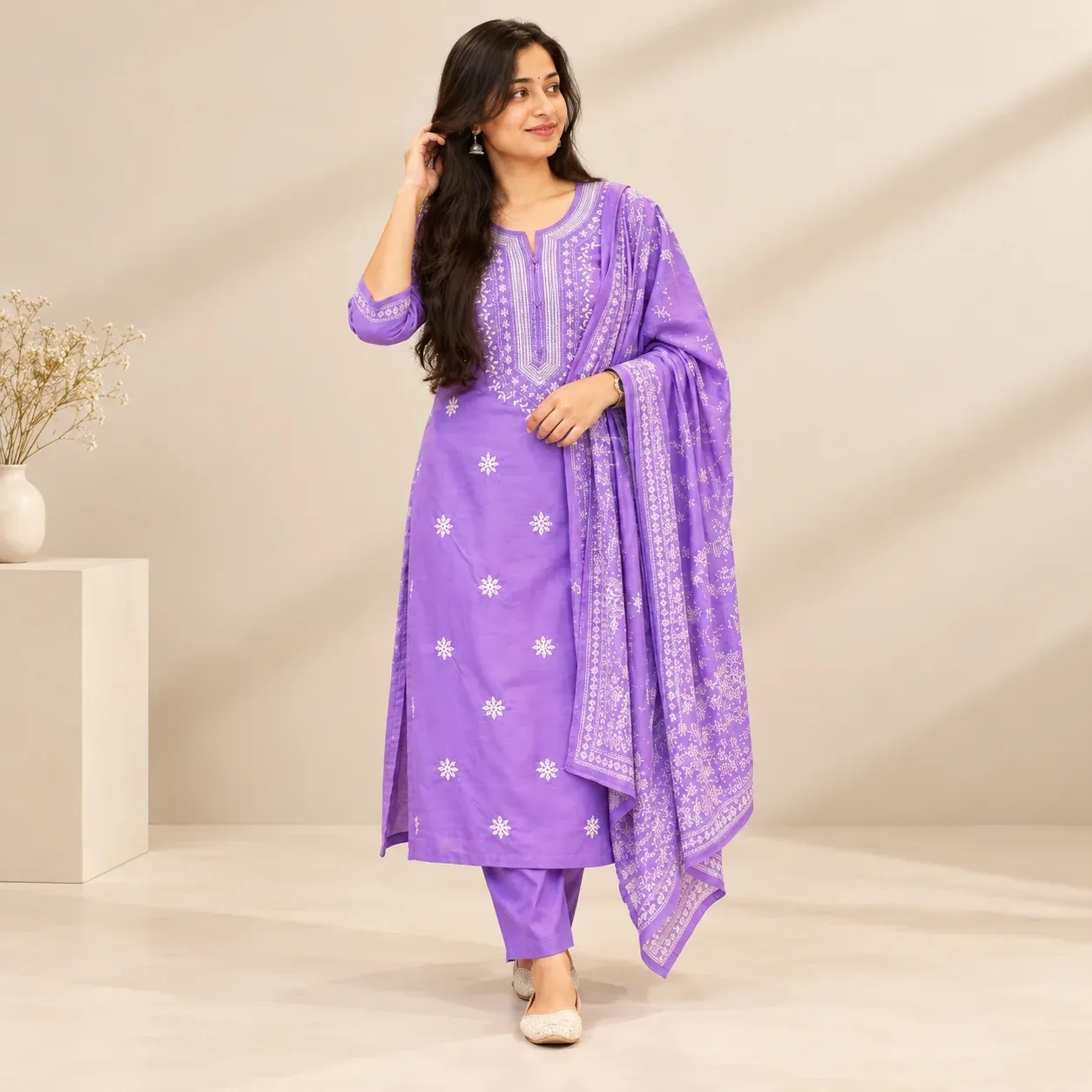 Women Ethnic Lavender Kurta Pant Dupatta Set.