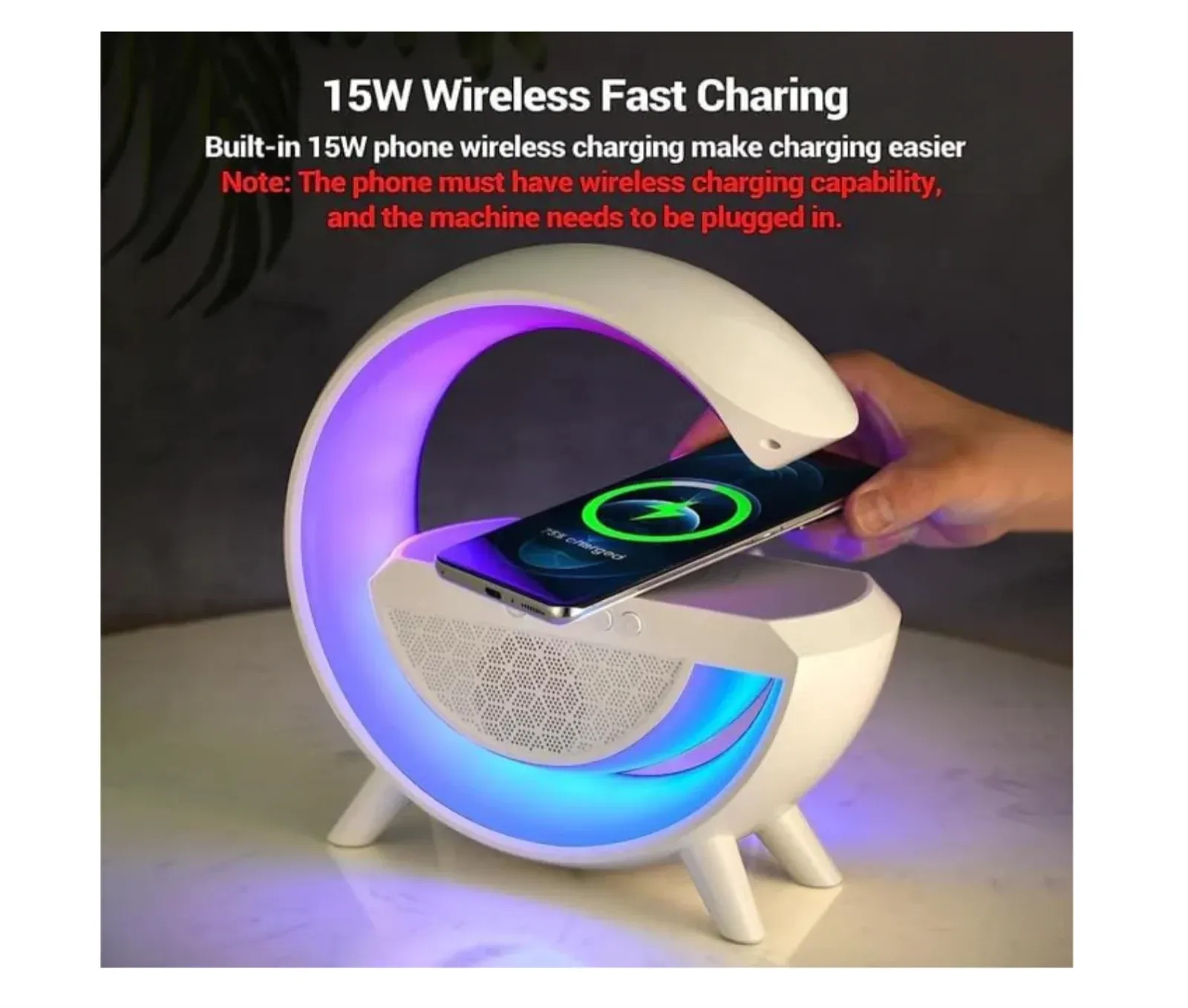 3-in-1 RGB LED Wireless Charging Speaker – Music Sync Ambient Light + Fast Qi Charger + Bluetooth Stereo Sound | Modern Bedside Lamp 2