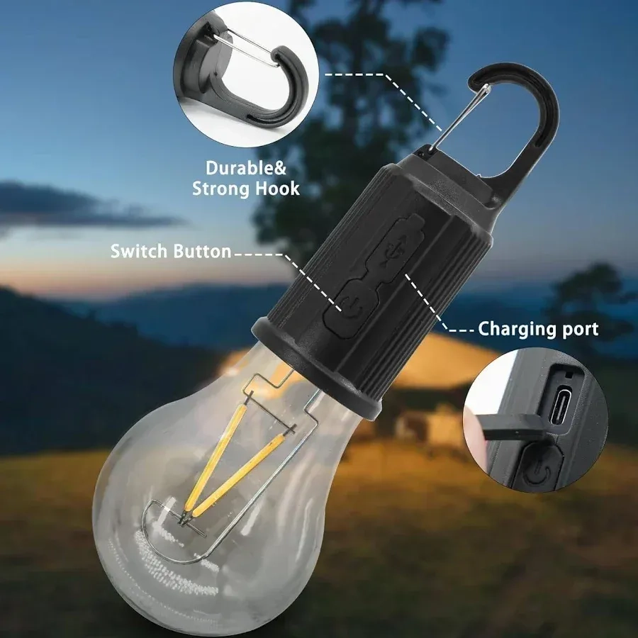 Rechargeable Camping Hanging Bulb, Waterproof LED Tent Light with USB Cable, 3 Modes Hanging Camping Lantern, Hanging Lamp for Hiking, Emergency 2