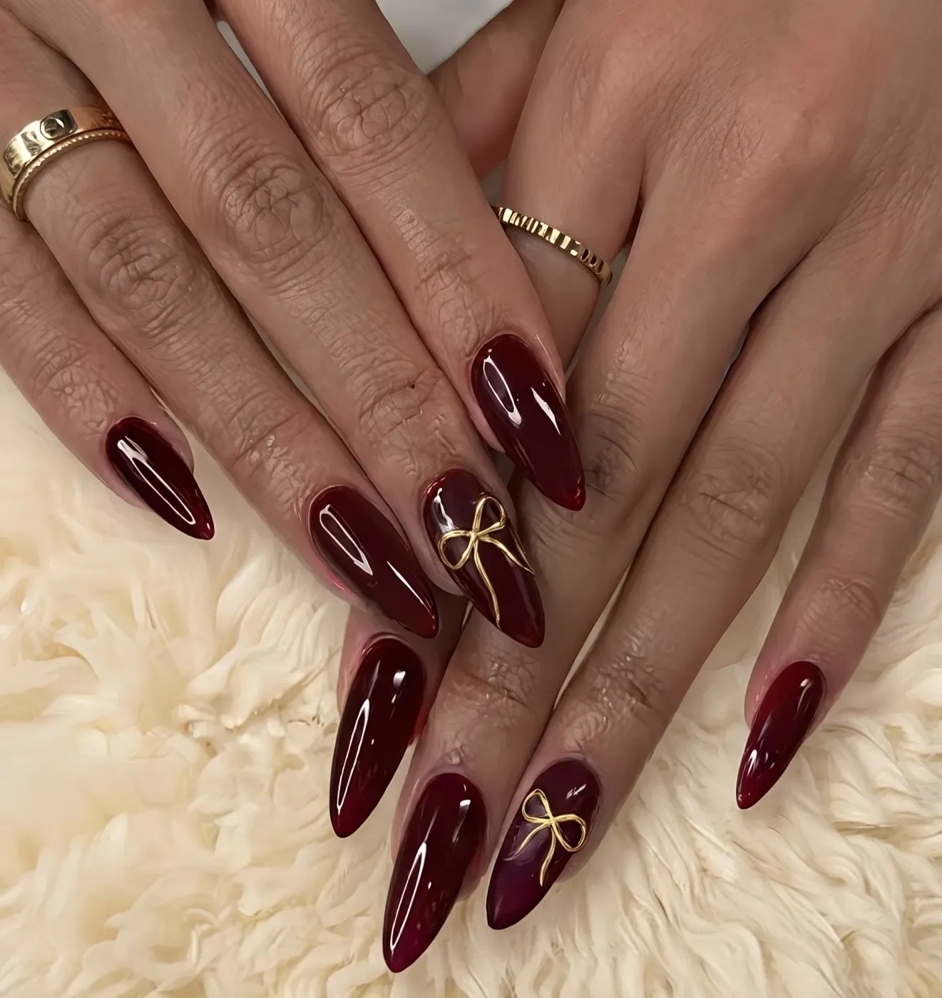 Burgundy Glossy Press-On Nails With Gold Bow Design