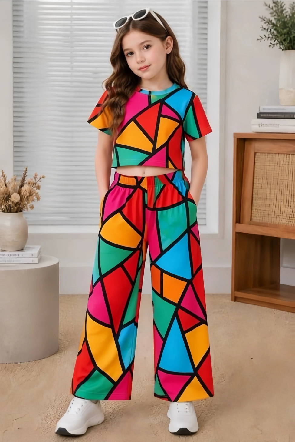 Girls Multicolor Geometric Print Co-Ord Set – Trendy Crop Top & Wide-Leg Palazzo Pants 1