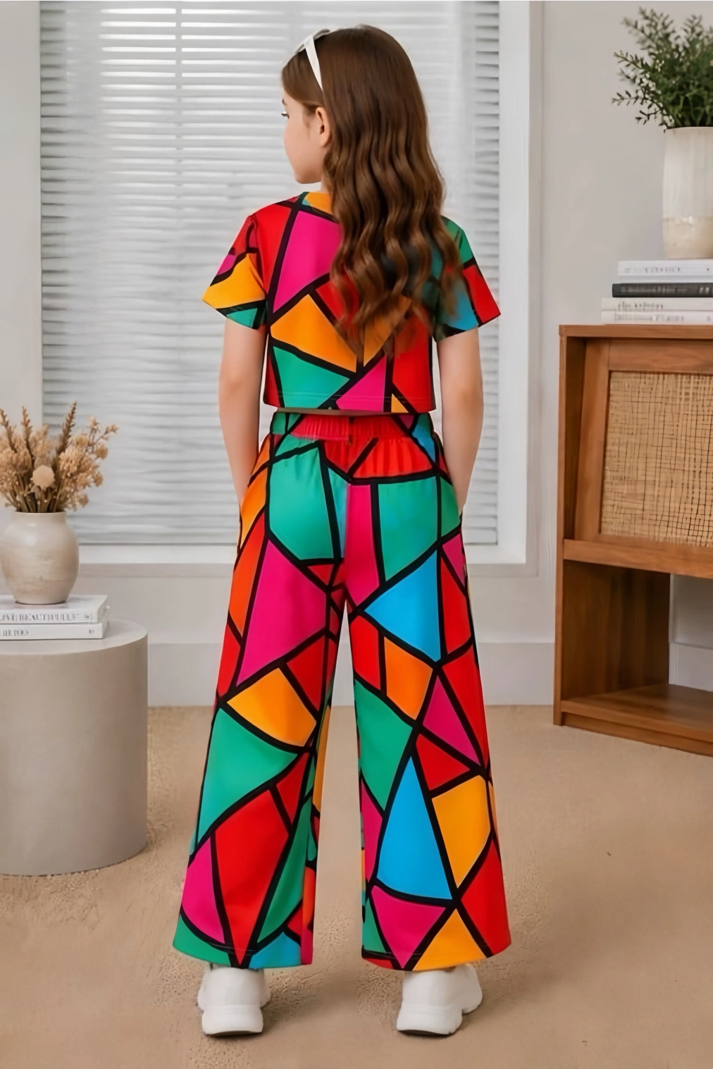 Girls Multicolor Geometric Print Co-Ord Set – Trendy Crop Top & Wide-Leg Palazzo Pants 2
