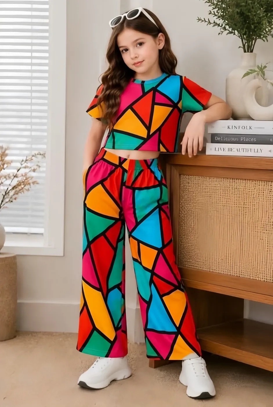 Girls Multicolor Geometric Print Co-Ord Set – Trendy Crop Top & Wide-Leg Palazzo Pants 3