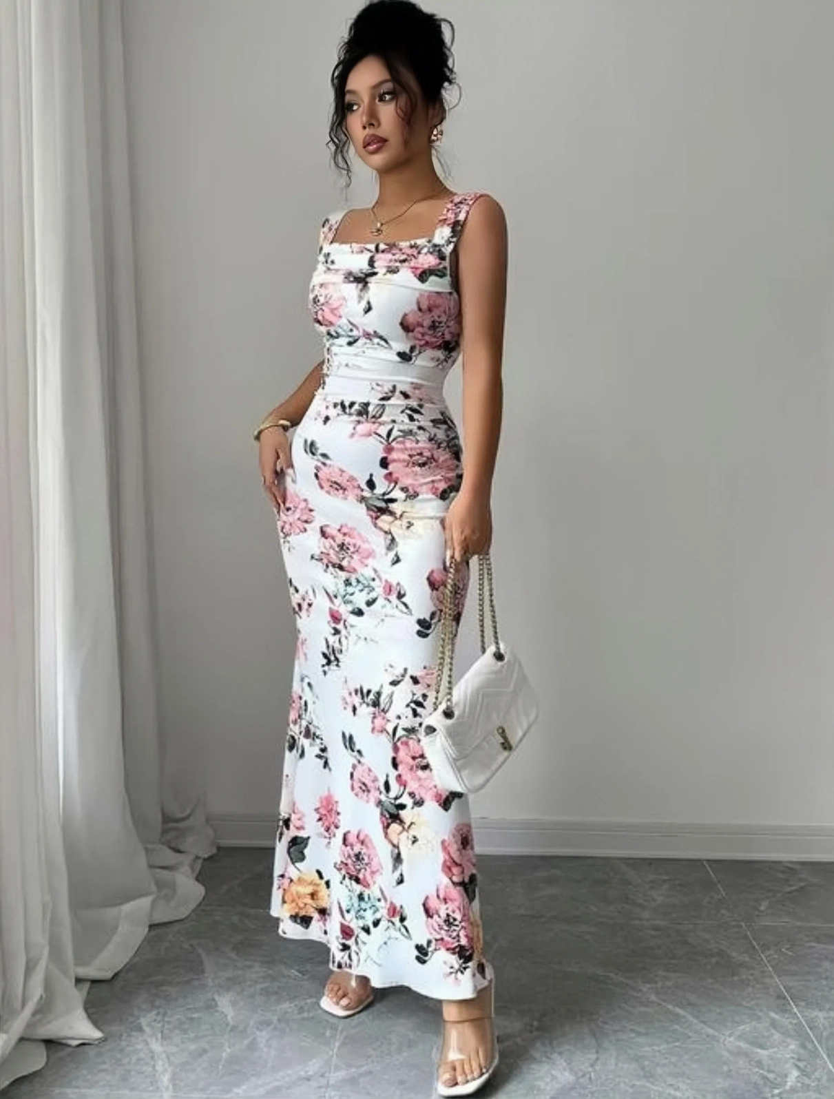 Elegant Rose Floral Maxi Dress – White & Pink 2