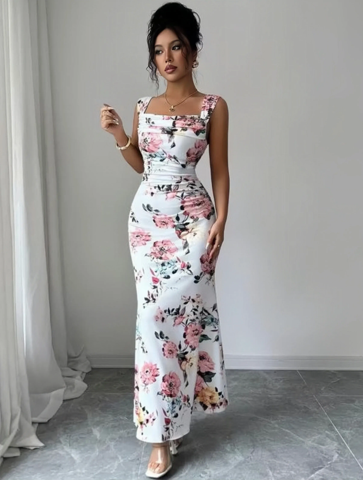 Elegant Rose Floral Maxi Dress – White & Pink 1