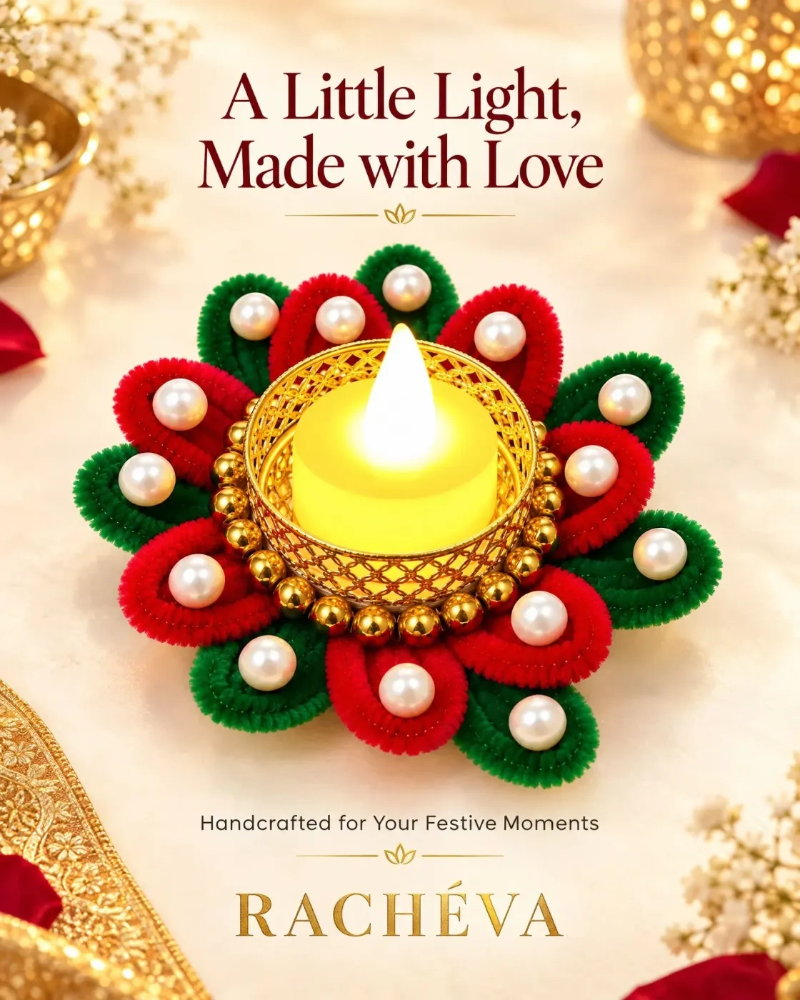 Handcrafted Red & Green Floral Diya Tealight Holder 3