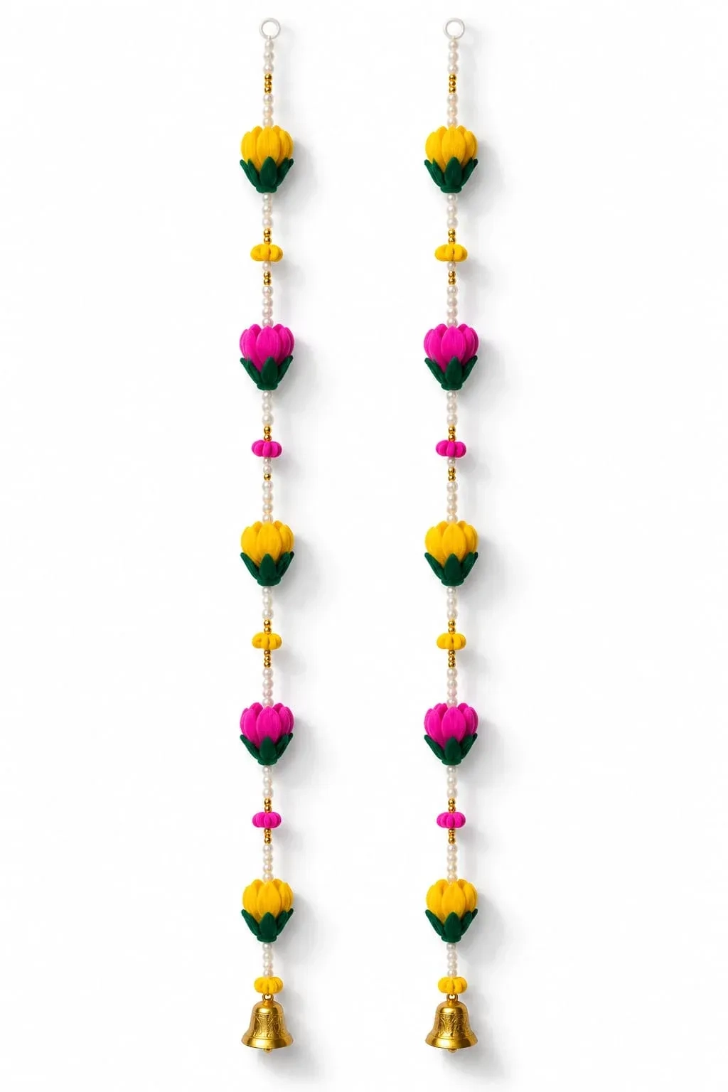 Handcrafted Pink & Yellow Floral Latkans with Golden Bells – Set of 2 3
