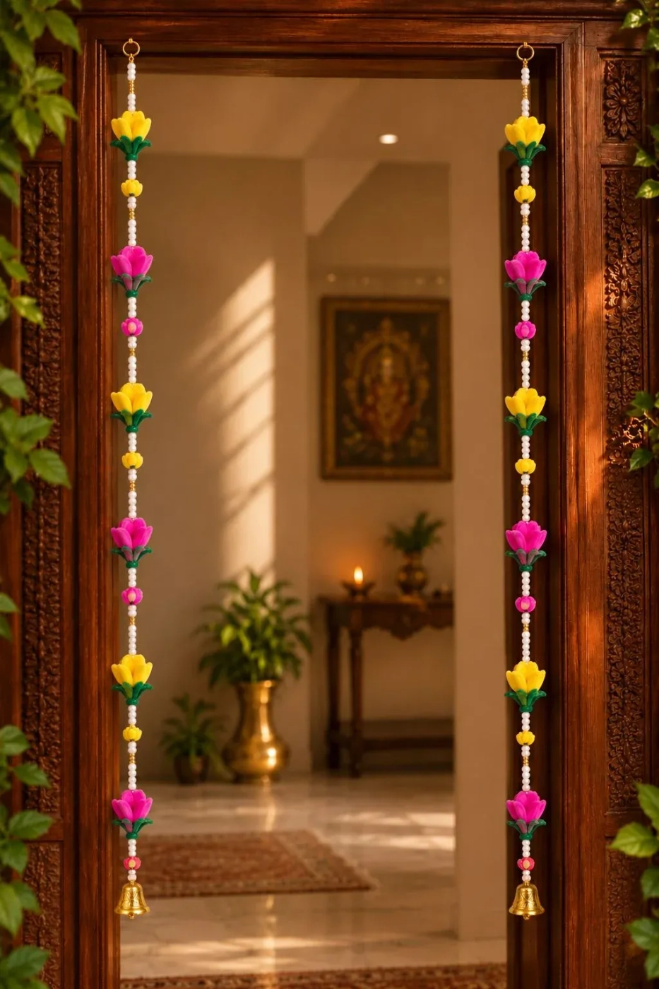 Handcrafted Pink & Yellow Floral Latkans with Golden Bells – Set of 2 1