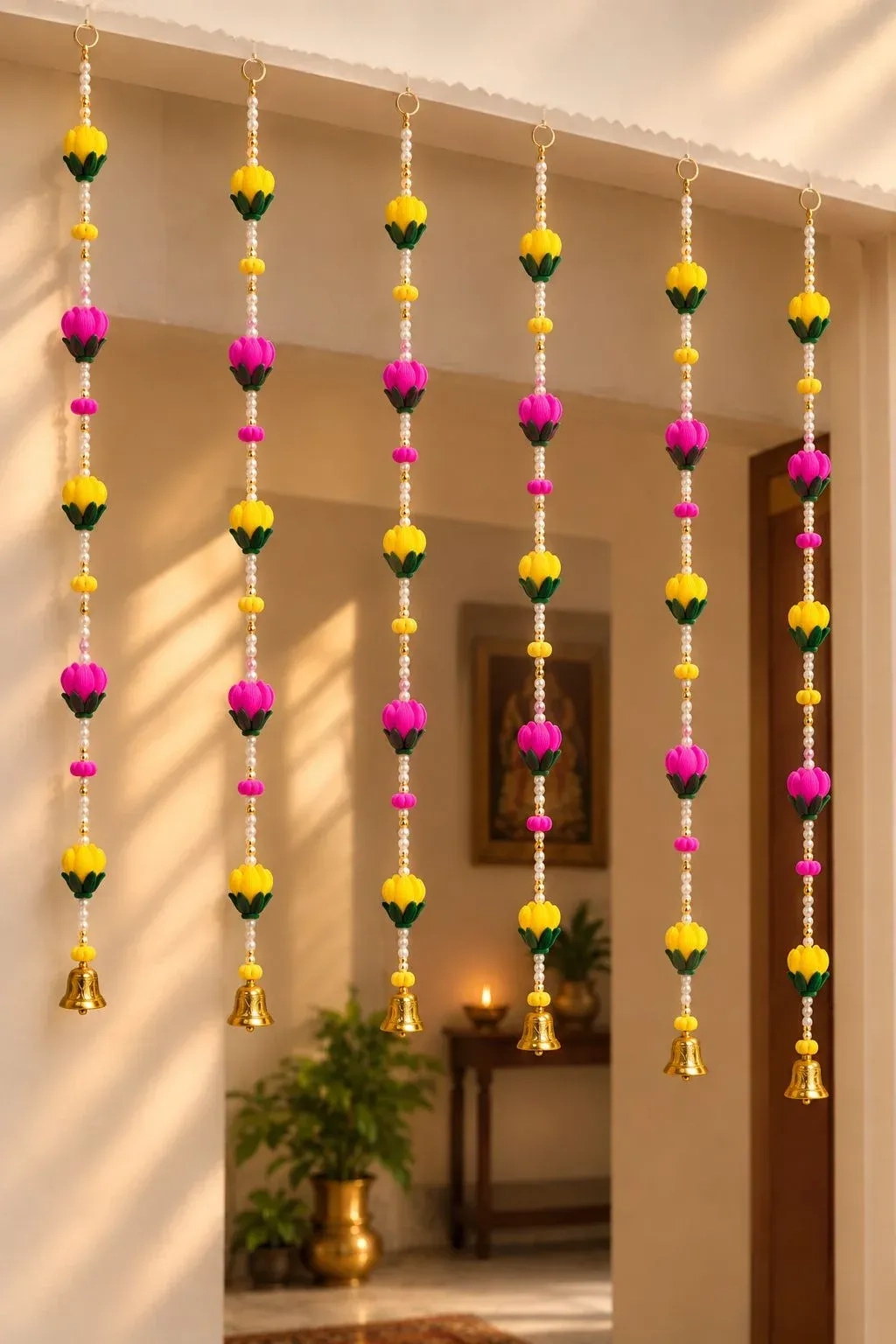 Handcrafted Pink & Yellow Floral Latkans with Golden Bells – Set of 2 2