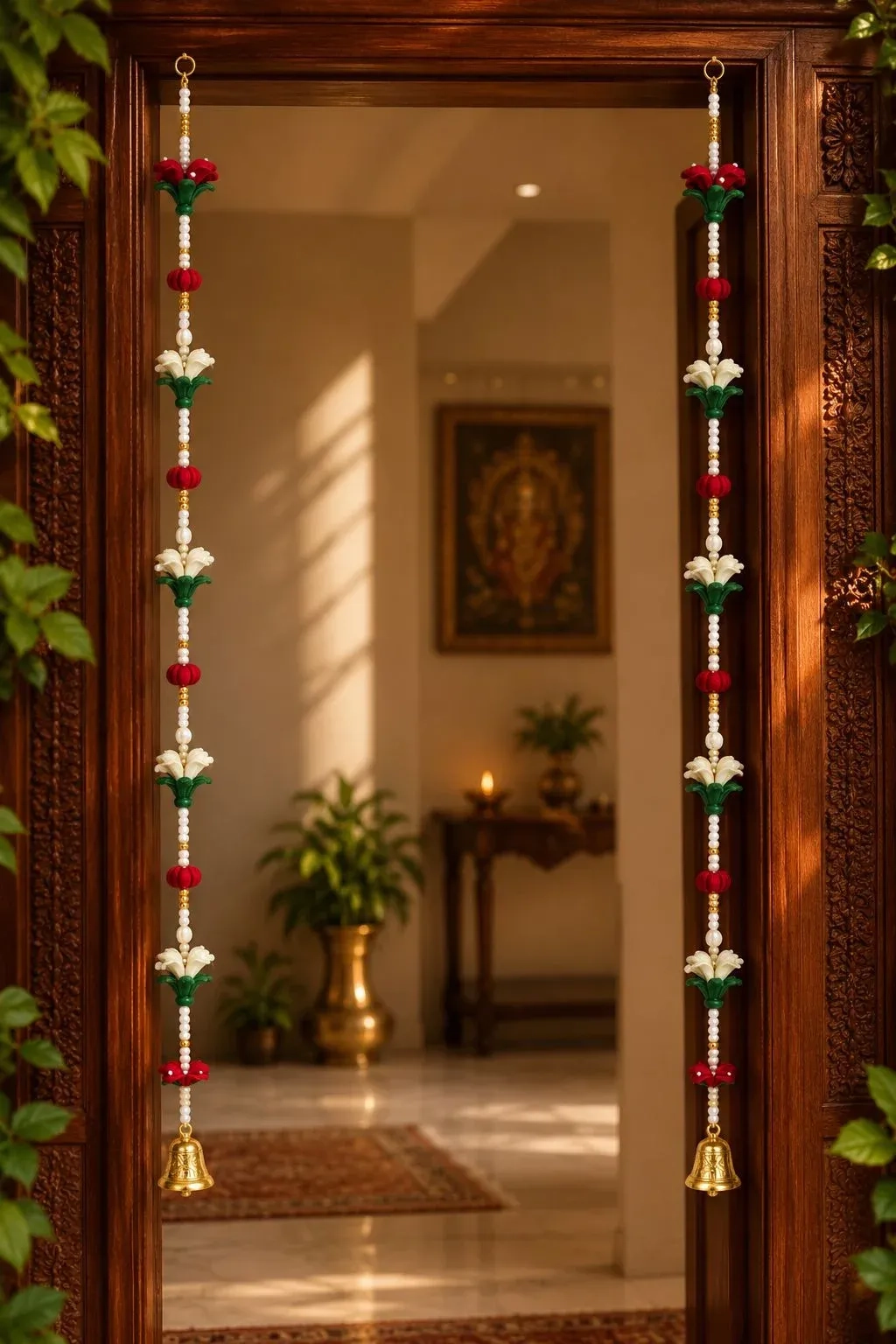 Handcrafted Floral Latkans with Pearl Strands & Golden Bells – Set of 2 1