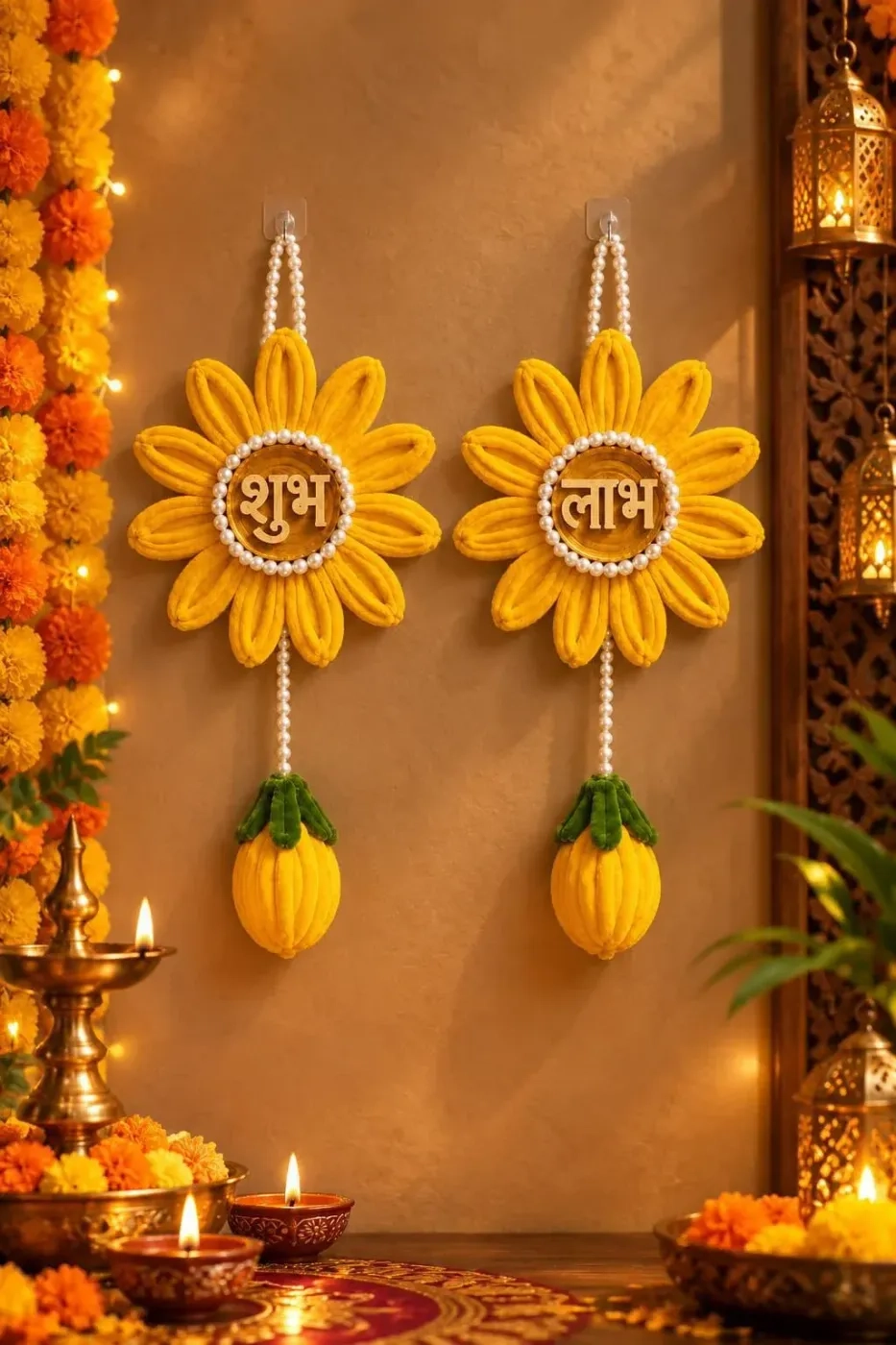Handcrafted Shubh Labh Sunflower Wall Hanging – Set of 2