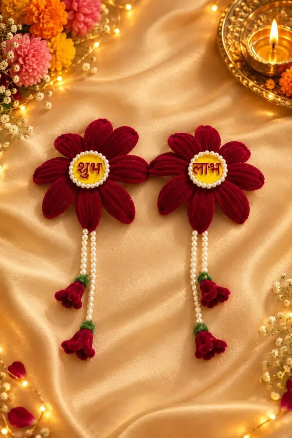 Handcrafted Maroon Shubh Labh Floral Hanging – Set of 2
