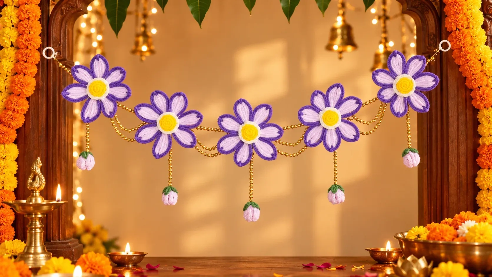 Handcrafted Purple Floral Door Toran with Golden Bead Chains 1