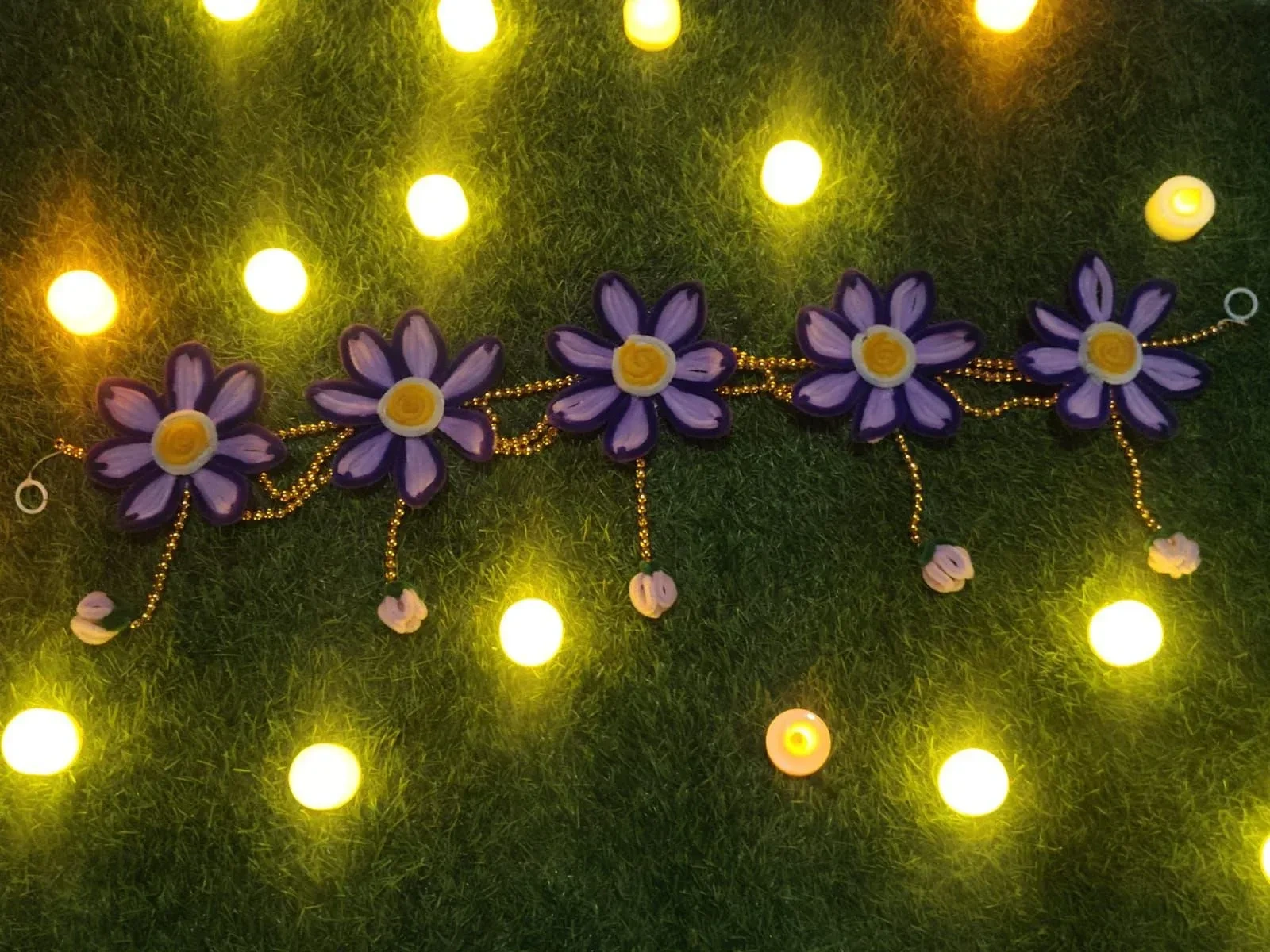 Handcrafted Purple Floral Door Toran with Golden Bead Chains 3