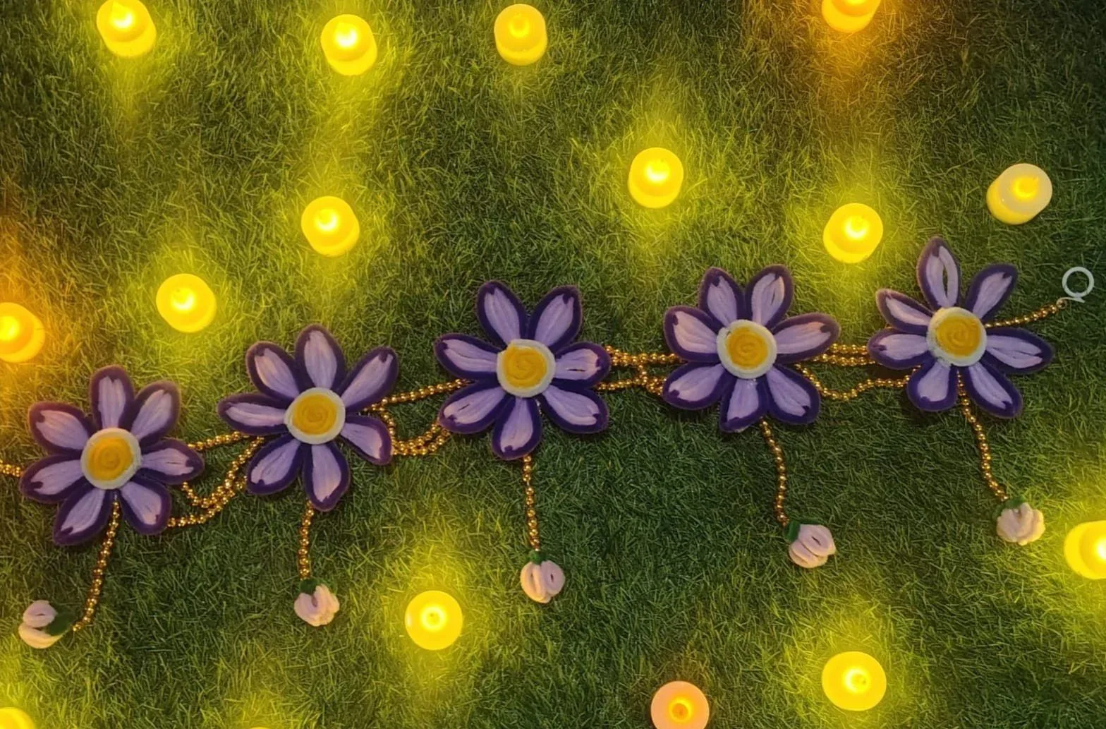 Handcrafted Purple Floral Door Toran with Golden Bead Chains 2