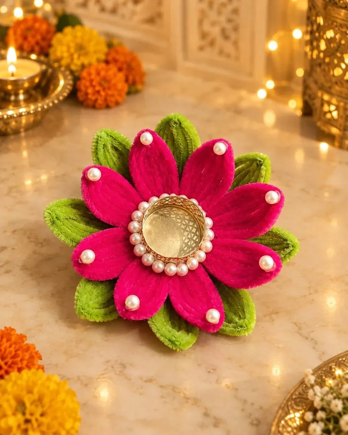 Handcrafted Pink Floral Tealight Holder with Pearl Detailing – Single Piece 1