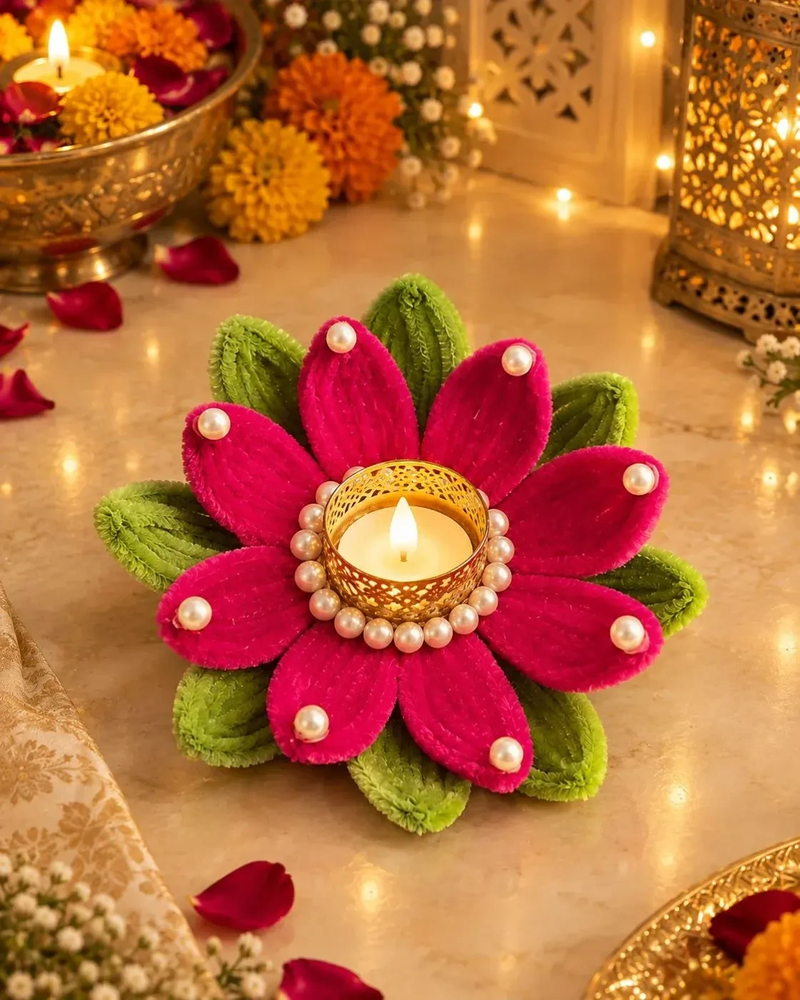 Handcrafted Pink Floral Tealight Holder with Pearl Detailing – Single Piece 2