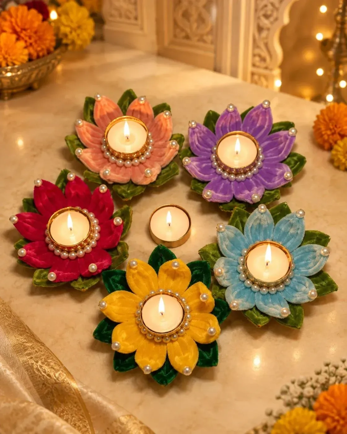 Handcrafted Floral Tealight Holders with Pearl Detailing – Set of 5