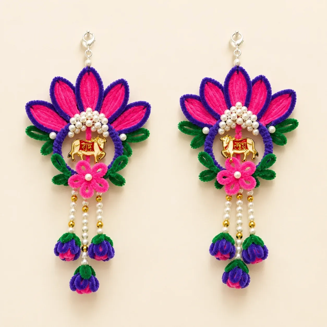 Handcrafted Cow Design Shubh Labh Floral Latkans with Pearl Detailing – Set of 2