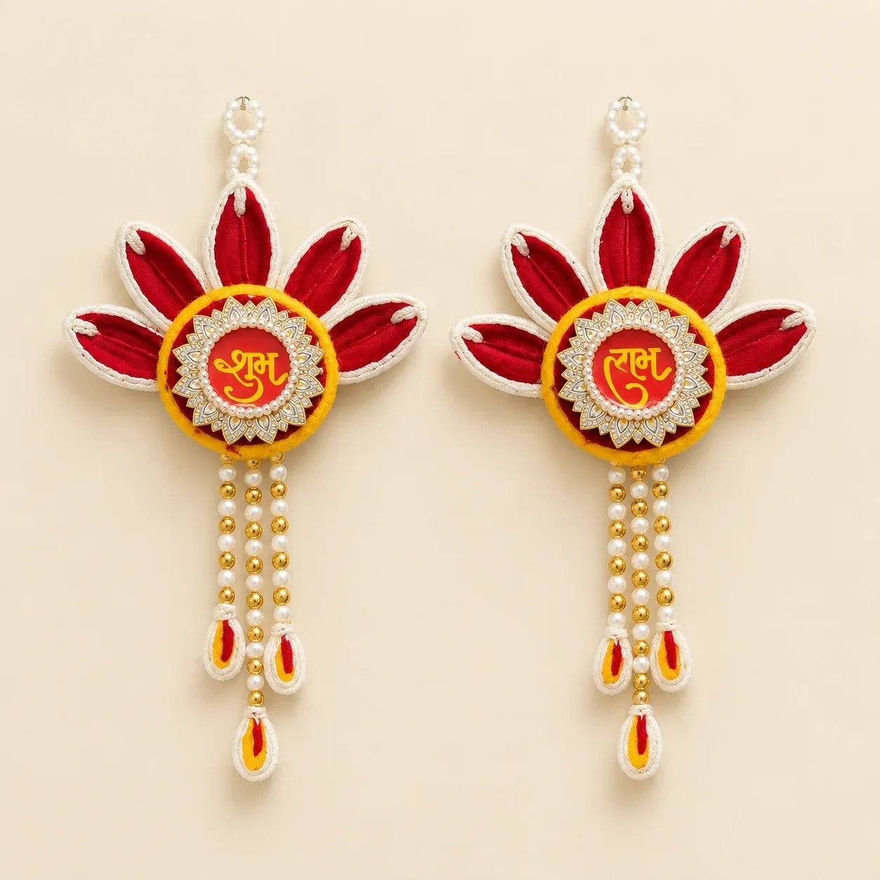 Handcrafted Red Shubh Labh Floral Door Latkans with Pearl Detailing – Set of 2 1