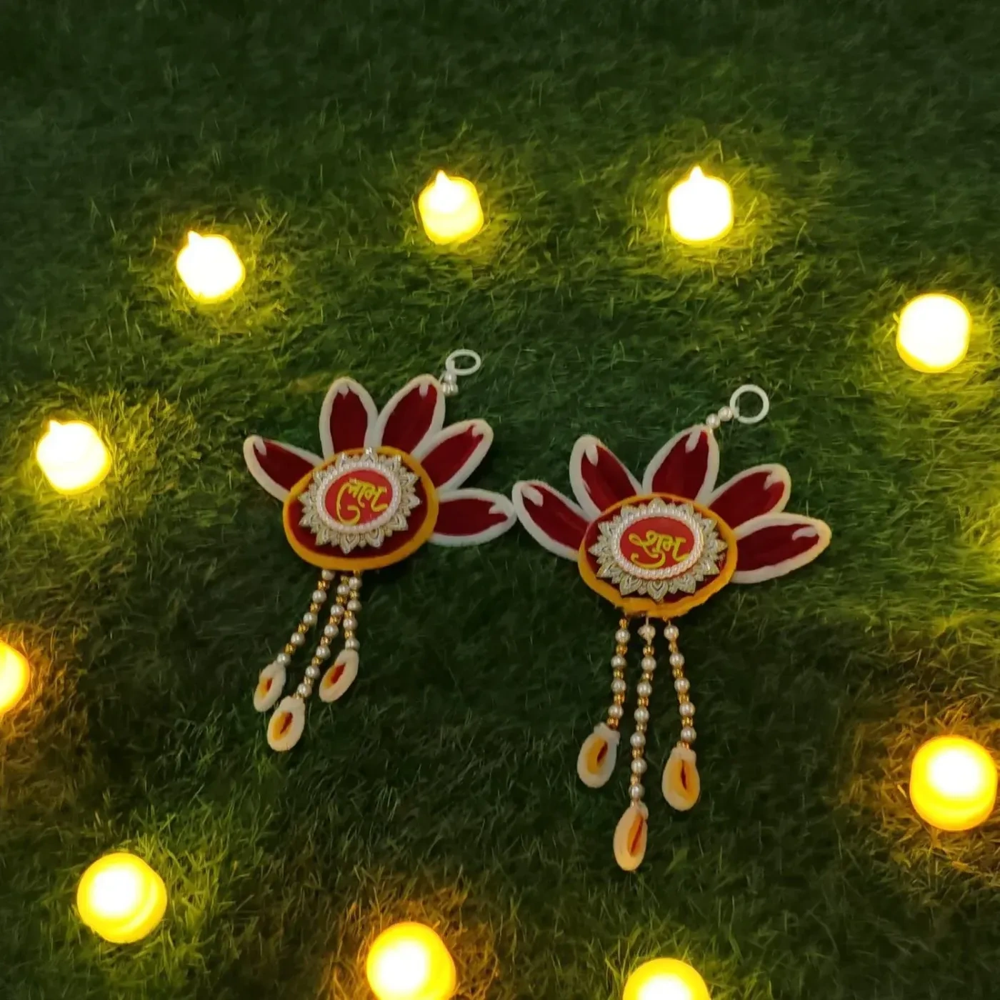 Handcrafted Red Shubh Labh Floral Door Latkans with Pearl Detailing – Set of 2 2