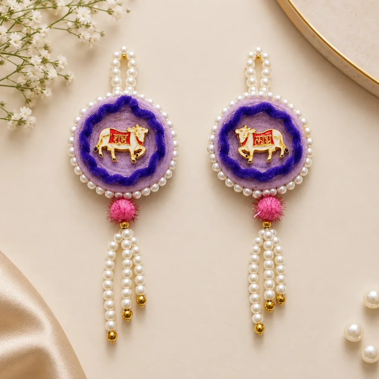 Handcrafted Purple Cow Design Shubh Labh Door Latkans with Pearl Detailing – Set of 2