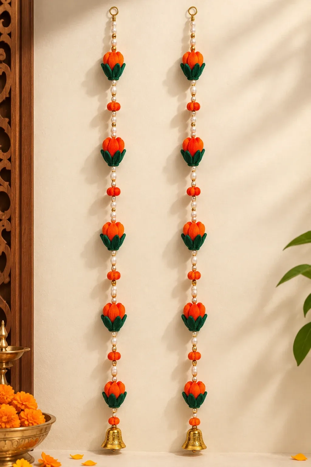 Handcrafted Orange & Green Floral Door Latkans with Pearl Detailing – Set of 2