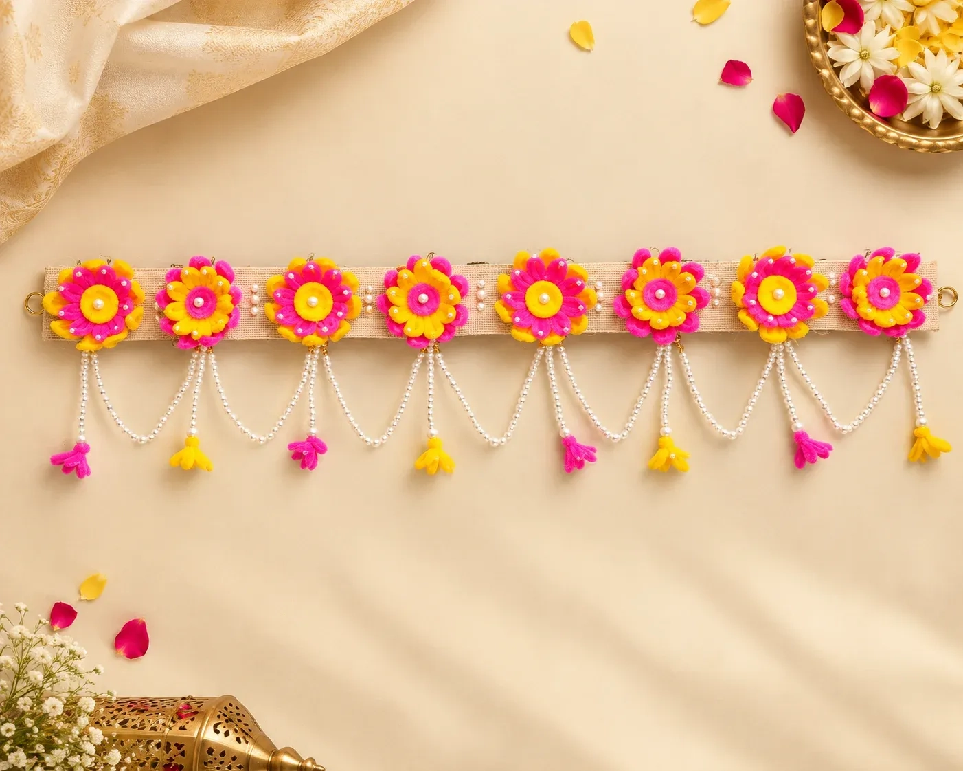 Handcrafted Pink & Yellow Floral Toran with Pearl Detailing – Set of 1