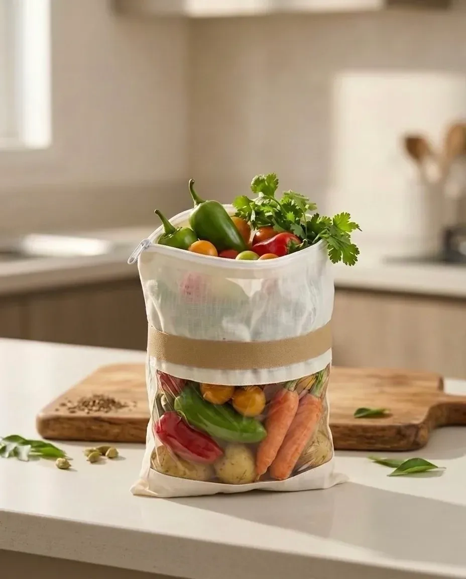 Pack of 6 Bag , 100% Cotton vegetable fridge storage bag Mesh Zipper Bags 1