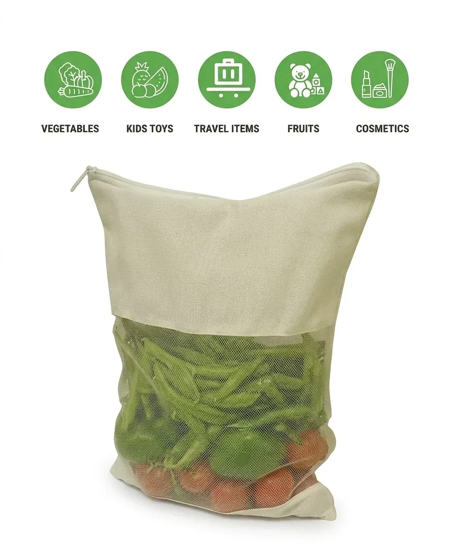 Pack of 6 Bag , 100% Cotton vegetable fridge storage bag Mesh Zipper Bags 3