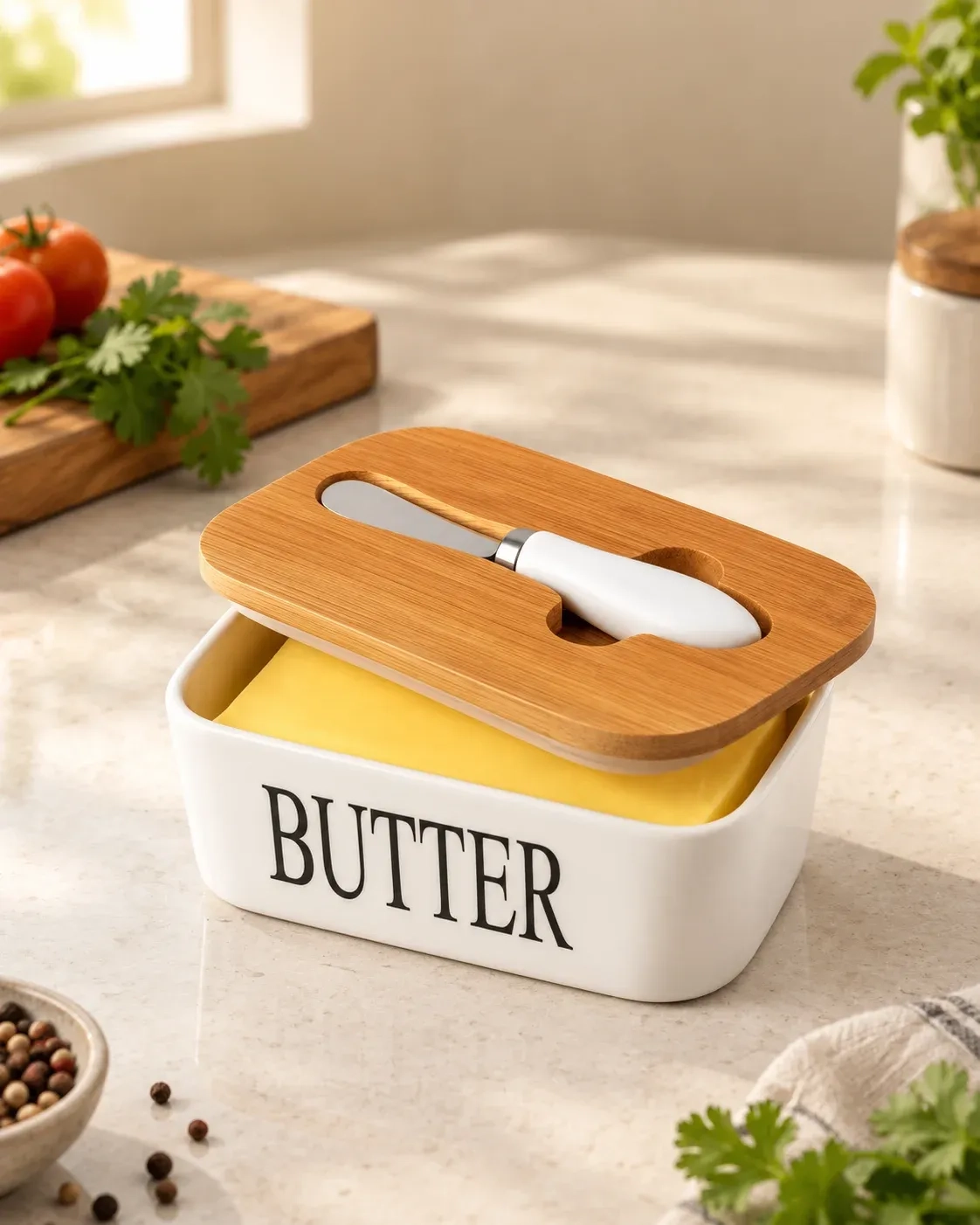 Ceramic Butter Dish with Wooden Lid 1