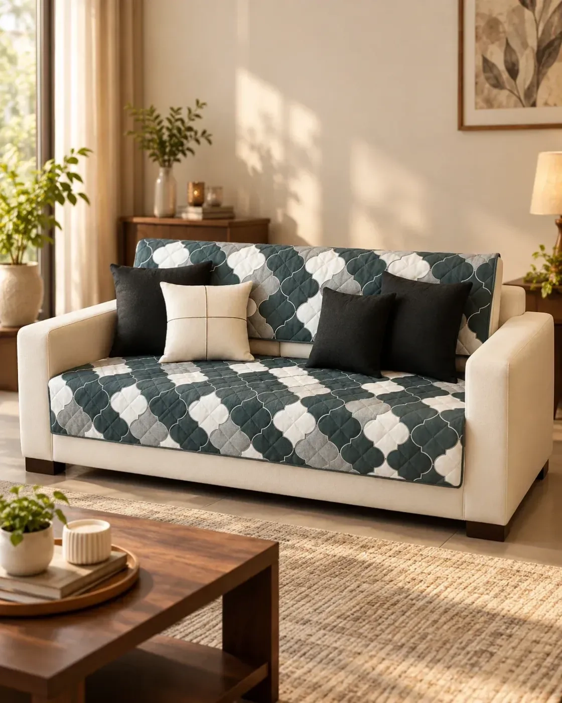 Quilted Fabric Sofa Cover Set 5 Seater 1